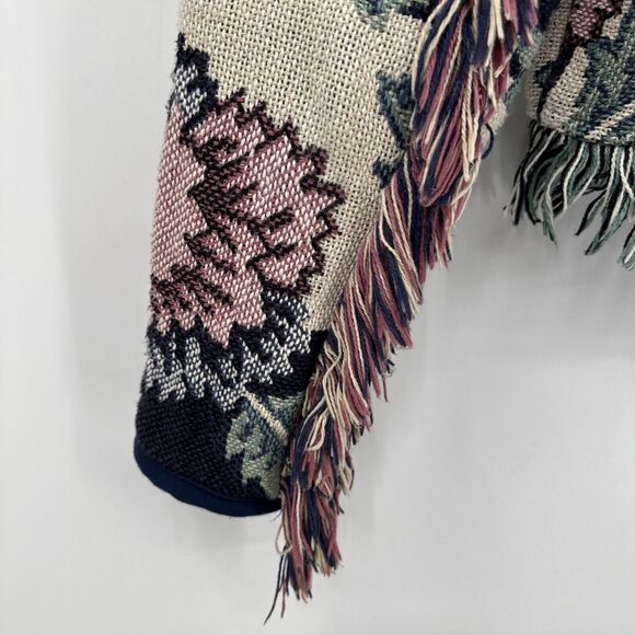 Cachè Cozy Floral Short Blanket Cardigan Size S Western Accents & Fringe - Picture 8 of 14